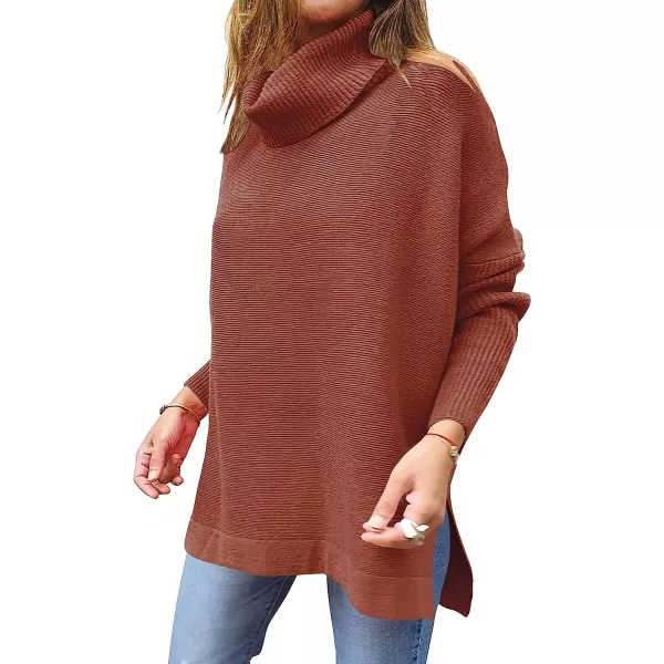 imageANRABESS Womens Turtleneck Oversized 2022 Long Batwing Sleeve Spilt Hem Knit Tunic Pullover Sweater TopsRust