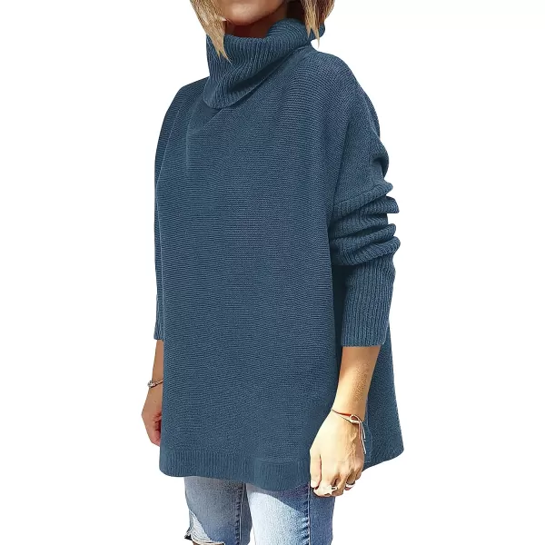 imageANRABESS Womens Turtleneck Oversized 2022 Long Batwing Sleeve Spilt Hem Knit Tunic Pullover Sweater TopsTeal