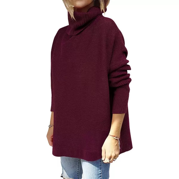 imageANRABESS Womens Turtleneck Oversized 2022 Long Batwing Sleeve Spilt Hem Knit Tunic Pullover Sweater TopsWine Red