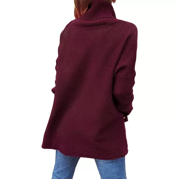 imageANRABESS Womens Turtleneck Oversized 2022 Long Batwing Sleeve Spilt Hem Knit Tunic Pullover Sweater TopsWine Red