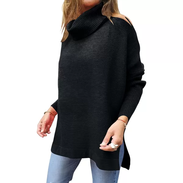 imageANRABESS Womens Turtleneck Oversized 2023 Long Batwing Sleeve Spilt Hem Knit Tunic Pullover Sweater TopsBlack