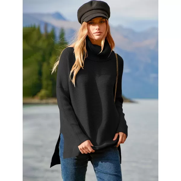 imageANRABESS Womens Turtleneck Oversized 2023 Long Batwing Sleeve Spilt Hem Knit Tunic Pullover Sweater TopsBlack