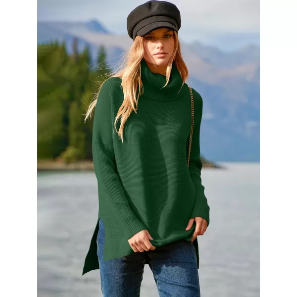 imageANRABESS Womens Turtleneck Oversized 2023 Long Batwing Sleeve Spilt Hem Knit Tunic Pullover Sweater TopsDeep Green
