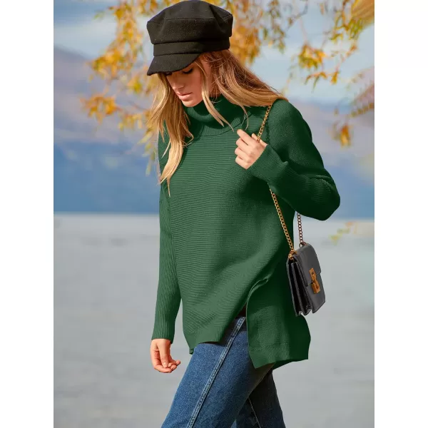 imageANRABESS Womens Turtleneck Oversized 2023 Long Batwing Sleeve Spilt Hem Knit Tunic Pullover Sweater TopsDeep Green