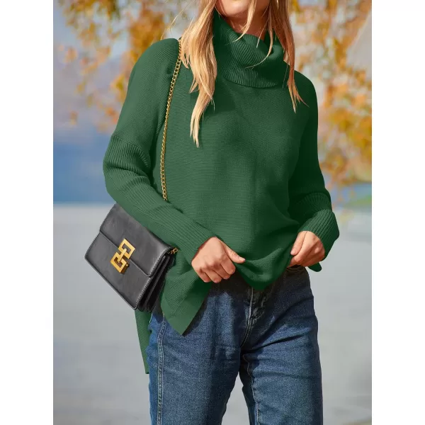 imageANRABESS Womens Turtleneck Oversized 2023 Long Batwing Sleeve Spilt Hem Knit Tunic Pullover Sweater TopsDeep Green