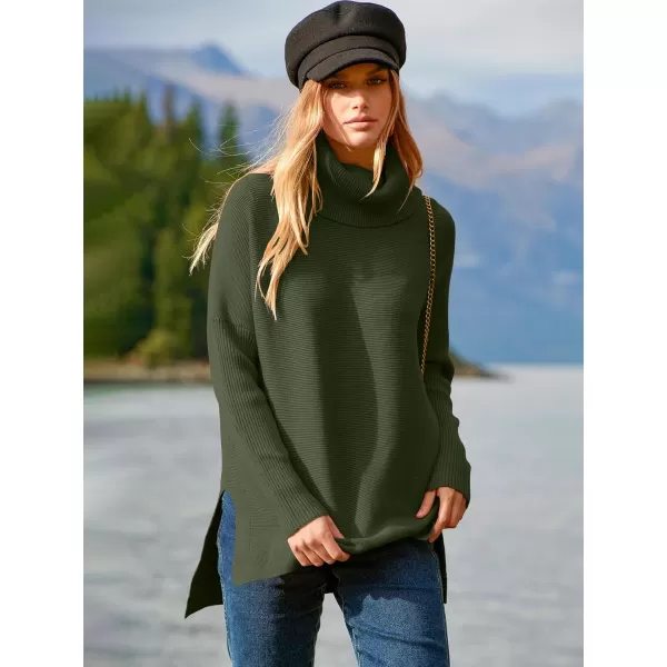 imageANRABESS Womens Turtleneck Oversized 2023 Long Batwing Sleeve Spilt Hem Knit Tunic Pullover Sweater TopsForest