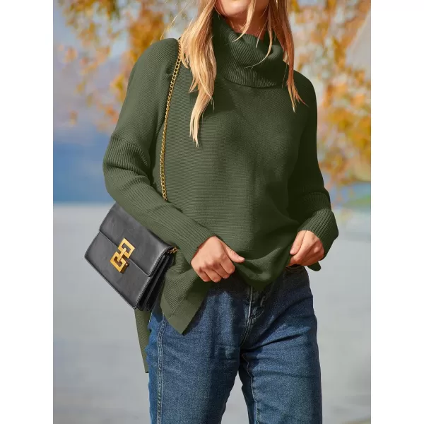 imageANRABESS Womens Turtleneck Oversized 2023 Long Batwing Sleeve Spilt Hem Knit Tunic Pullover Sweater TopsForest