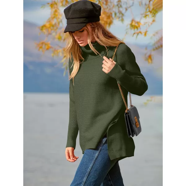 imageANRABESS Womens Turtleneck Oversized 2023 Long Batwing Sleeve Spilt Hem Knit Tunic Pullover Sweater TopsForest