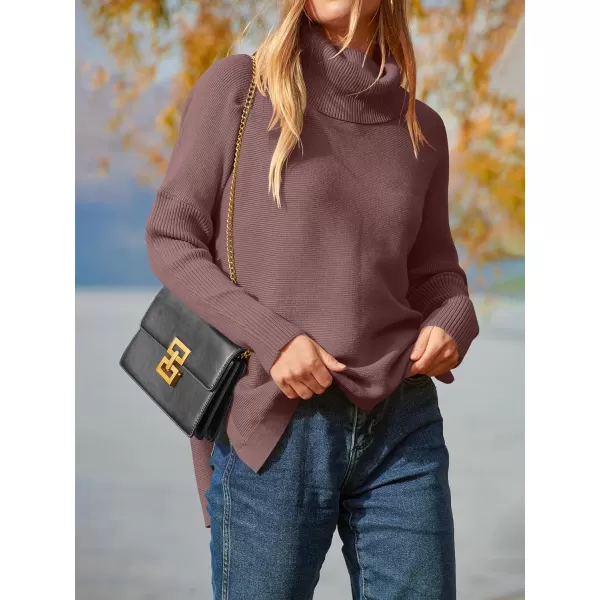 imageANRABESS Womens Turtleneck Oversized 2023 Long Batwing Sleeve Spilt Hem Knit Tunic Pullover Sweater TopsRose