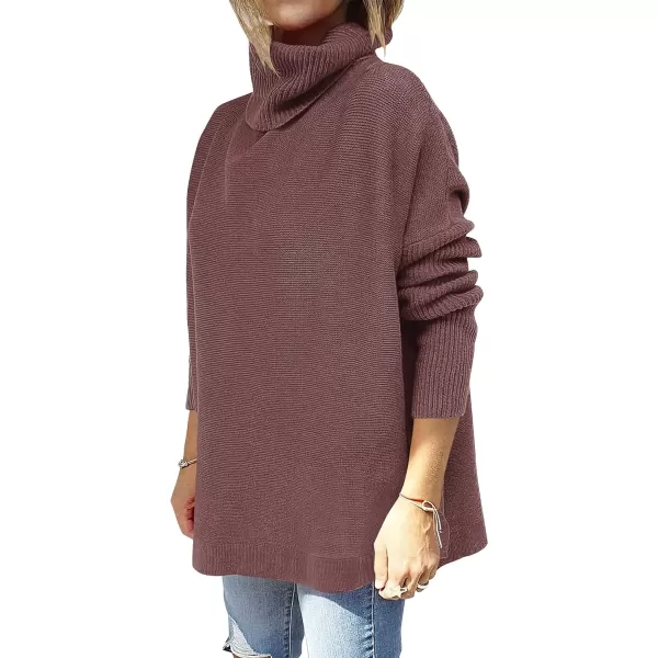 imageANRABESS Womens Turtleneck Oversized 2023 Long Batwing Sleeve Spilt Hem Knit Tunic Pullover Sweater TopsRose
