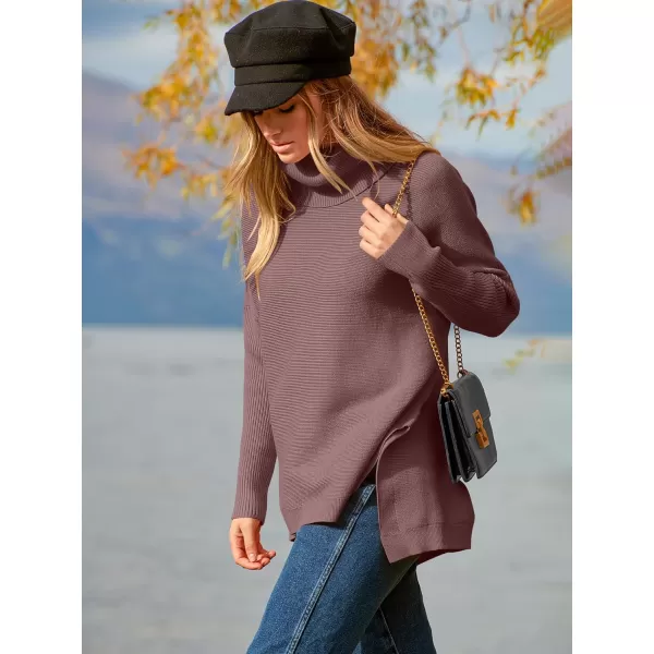 imageANRABESS Womens Turtleneck Oversized 2023 Long Batwing Sleeve Spilt Hem Knit Tunic Pullover Sweater TopsRose