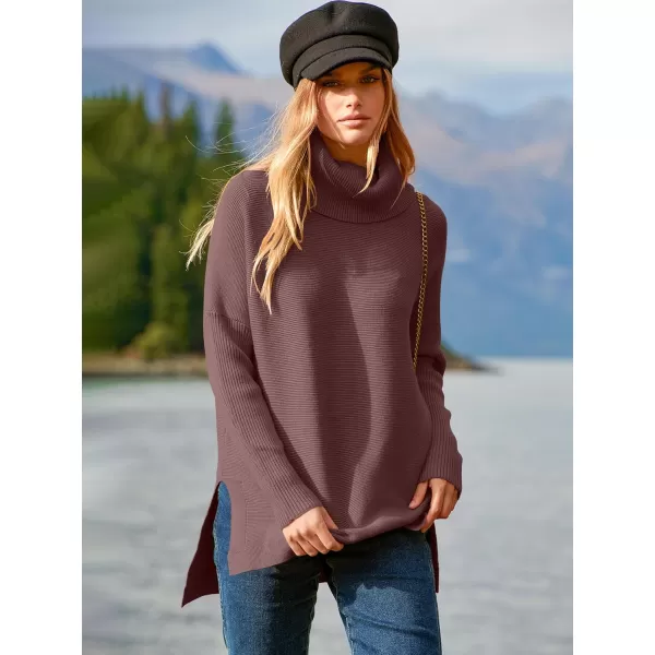 imageANRABESS Womens Turtleneck Oversized 2023 Long Batwing Sleeve Spilt Hem Knit Tunic Pullover Sweater TopsRose