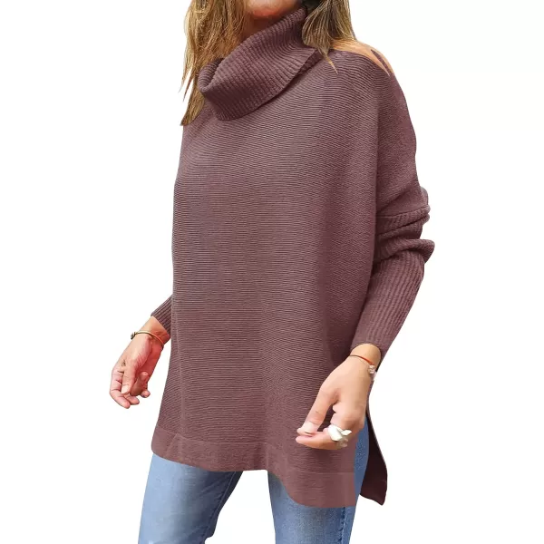 imageANRABESS Womens Turtleneck Oversized 2023 Long Batwing Sleeve Spilt Hem Knit Tunic Pullover Sweater TopsRose