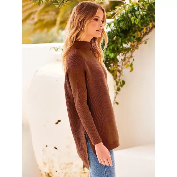 imageANRABESS Womens Turtleneck Oversized Long Batwing Sleeve High Low Spilt Hem Knit Pullover Sweater TopsAuburn