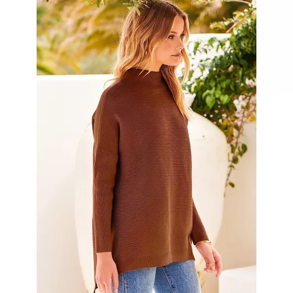 imageANRABESS Womens Turtleneck Oversized Long Batwing Sleeve High Low Spilt Hem Knit Pullover Sweater TopsAuburn