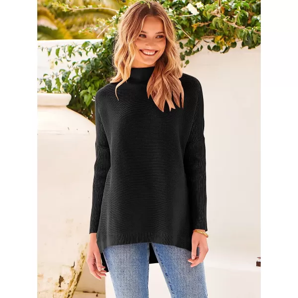imageANRABESS Womens Turtleneck Oversized Long Batwing Sleeve High Low Spilt Hem Knit Pullover Sweater TopsBlack