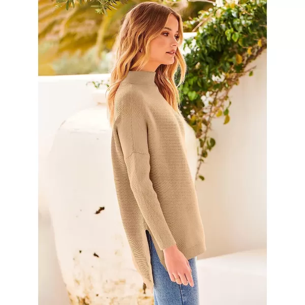 imageANRABESS Womens Turtleneck Oversized Long Batwing Sleeve High Low Spilt Hem Knit Pullover Sweater TopsKhaki