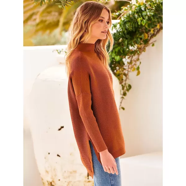 imageANRABESS Womens Turtleneck Oversized Long Batwing Sleeve High Low Spilt Hem Knit Pullover Sweater TopsOrange