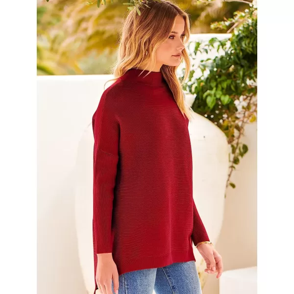 imageANRABESS Womens Turtleneck Oversized Long Batwing Sleeve High Low Spilt Hem Knit Pullover Sweater TopsRed