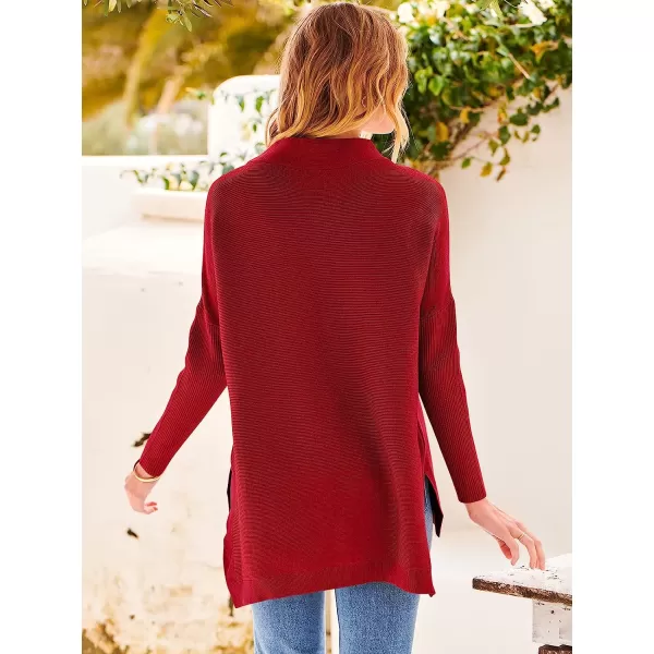 imageANRABESS Womens Turtleneck Oversized Long Batwing Sleeve High Low Spilt Hem Knit Pullover Sweater TopsRed