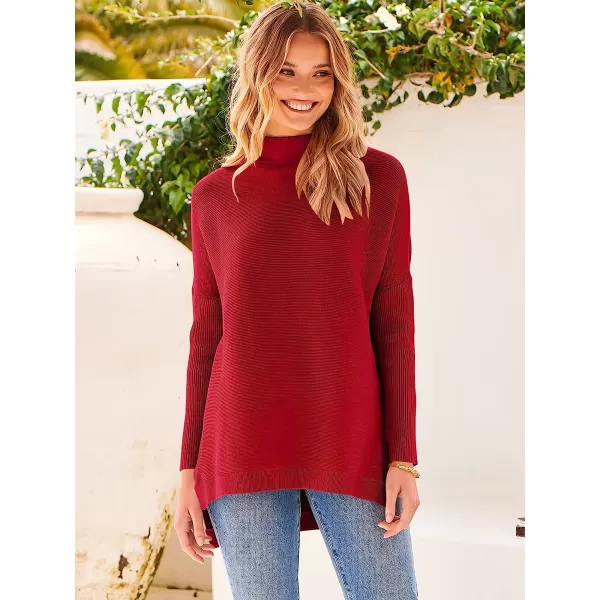 imageANRABESS Womens Turtleneck Oversized Long Batwing Sleeve High Low Spilt Hem Knit Pullover Sweater TopsRed