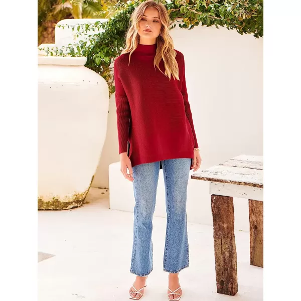 imageANRABESS Womens Turtleneck Oversized Long Batwing Sleeve High Low Spilt Hem Knit Pullover Sweater TopsRed
