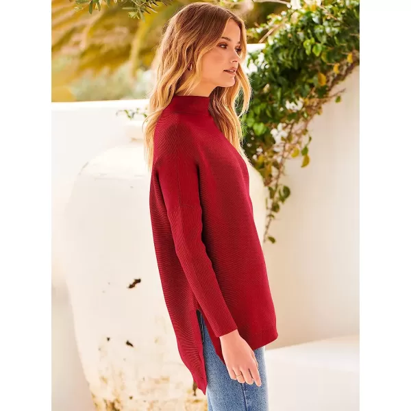 imageANRABESS Womens Turtleneck Oversized Long Batwing Sleeve High Low Spilt Hem Knit Pullover Sweater TopsRed