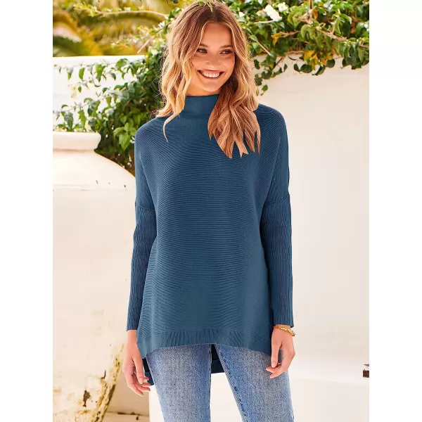 imageANRABESS Womens Turtleneck Oversized Long Batwing Sleeve High Low Spilt Hem Knit Pullover Sweater TopsTeal