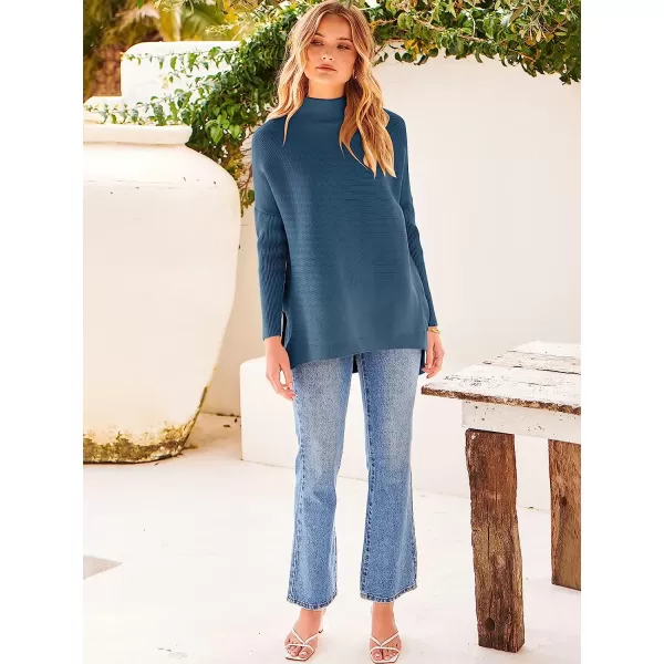 imageANRABESS Womens Turtleneck Oversized Long Batwing Sleeve High Low Spilt Hem Knit Pullover Sweater TopsTeal