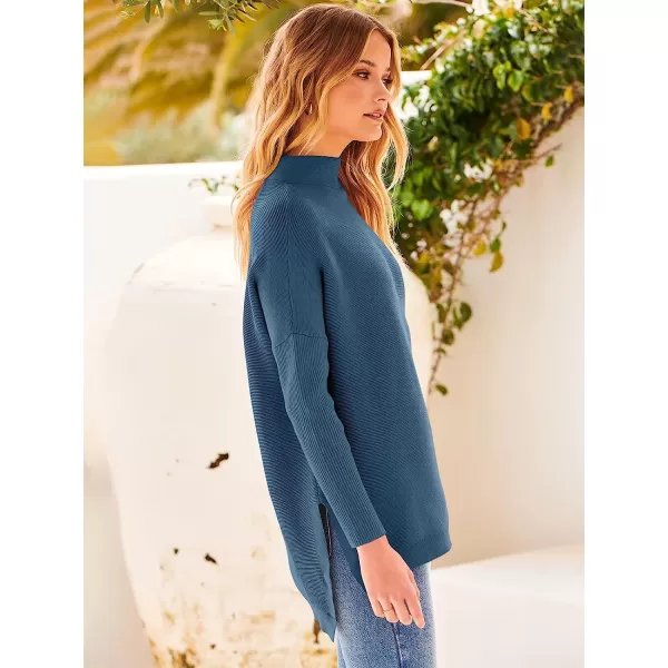 imageANRABESS Womens Turtleneck Oversized Long Batwing Sleeve High Low Spilt Hem Knit Pullover Sweater TopsTeal
