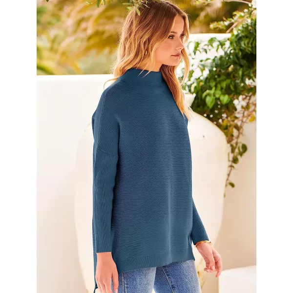 imageANRABESS Womens Turtleneck Oversized Long Batwing Sleeve High Low Spilt Hem Knit Pullover Sweater TopsTeal