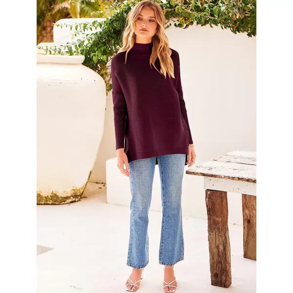 imageANRABESS Womens Turtleneck Oversized Long Batwing Sleeve High Low Spilt Hem Knit Pullover Sweater TopsWine Red