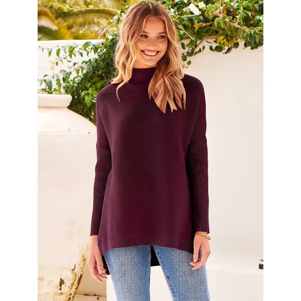 imageANRABESS Womens Turtleneck Oversized Long Batwing Sleeve High Low Spilt Hem Knit Pullover Sweater TopsWine Red