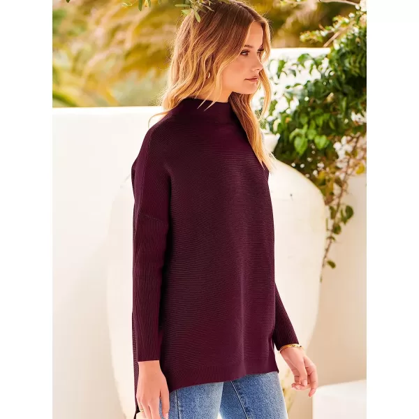 imageANRABESS Womens Turtleneck Oversized Long Batwing Sleeve High Low Spilt Hem Knit Pullover Sweater TopsWine Red