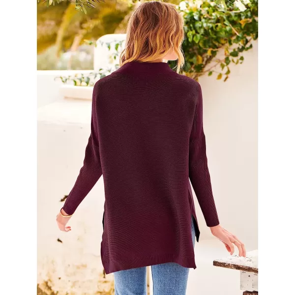 imageANRABESS Womens Turtleneck Oversized Long Batwing Sleeve High Low Spilt Hem Knit Pullover Sweater TopsWine Red