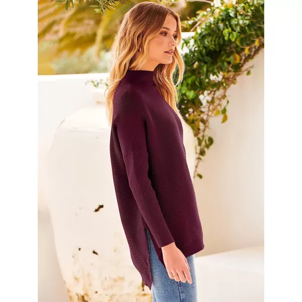 imageANRABESS Womens Turtleneck Oversized Long Batwing Sleeve High Low Spilt Hem Knit Pullover Sweater TopsWine Red