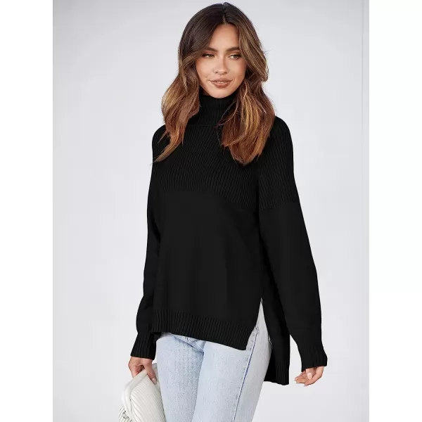 imageANRABESS Womens Turtleneck Oversized Long Sleeve Casual Rib Knit Slit Hem Pullover Sweater TopsBlack