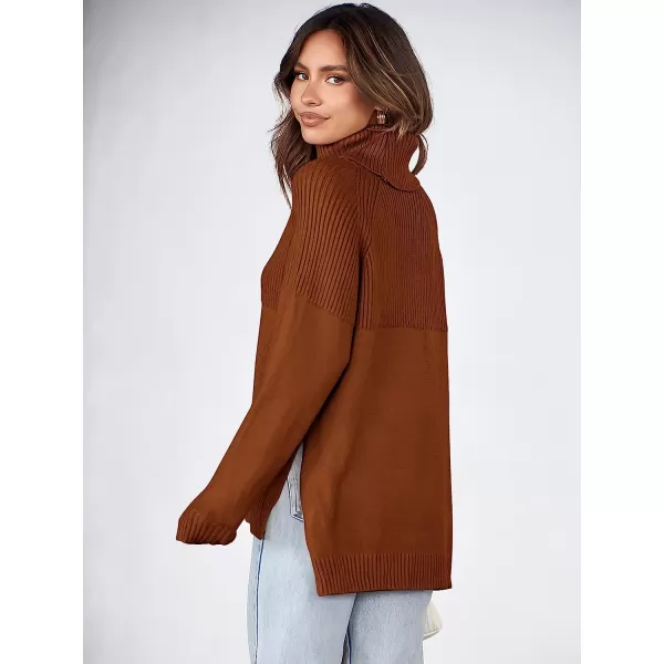 imageANRABESS Womens Turtleneck Oversized Long Sleeve Casual Rib Knit Slit Hem Pullover Sweater TopsBrwon