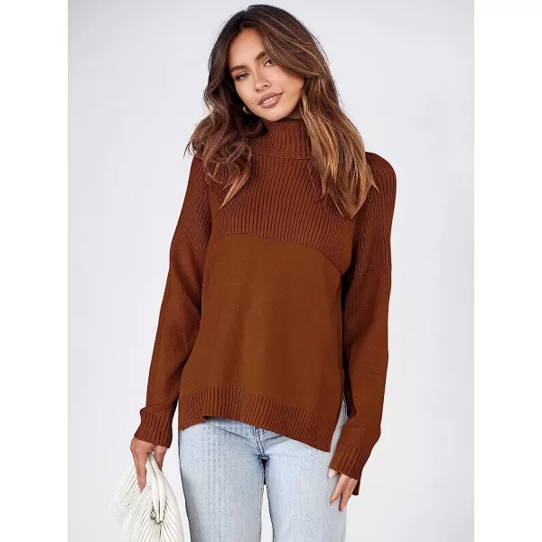 imageANRABESS Womens Turtleneck Oversized Long Sleeve Casual Rib Knit Slit Hem Pullover Sweater TopsBrwon