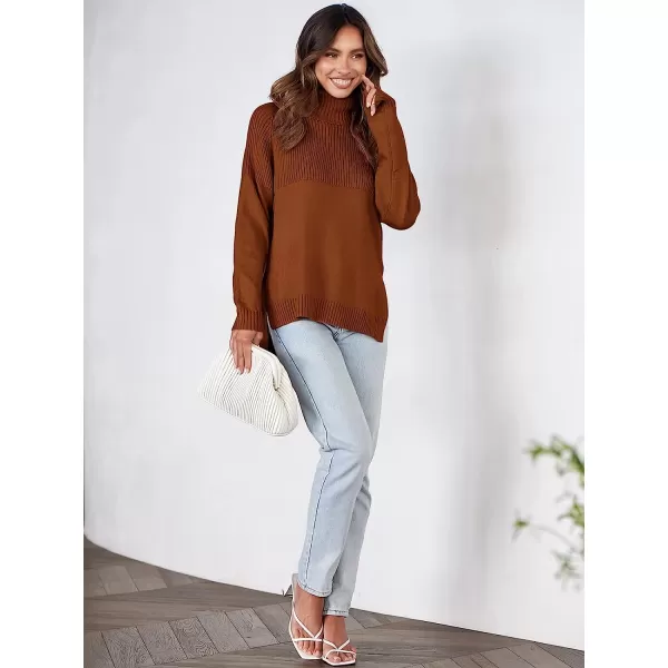 imageANRABESS Womens Turtleneck Oversized Long Sleeve Casual Rib Knit Slit Hem Pullover Sweater TopsBrwon