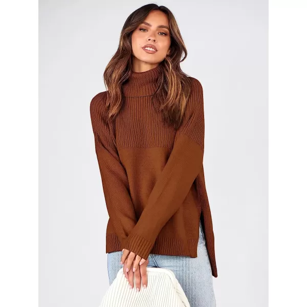 imageANRABESS Womens Turtleneck Oversized Long Sleeve Casual Rib Knit Slit Hem Pullover Sweater TopsBrwon
