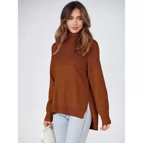 imageANRABESS Womens Turtleneck Oversized Long Sleeve Casual Rib Knit Slit Hem Pullover Sweater TopsBrwon