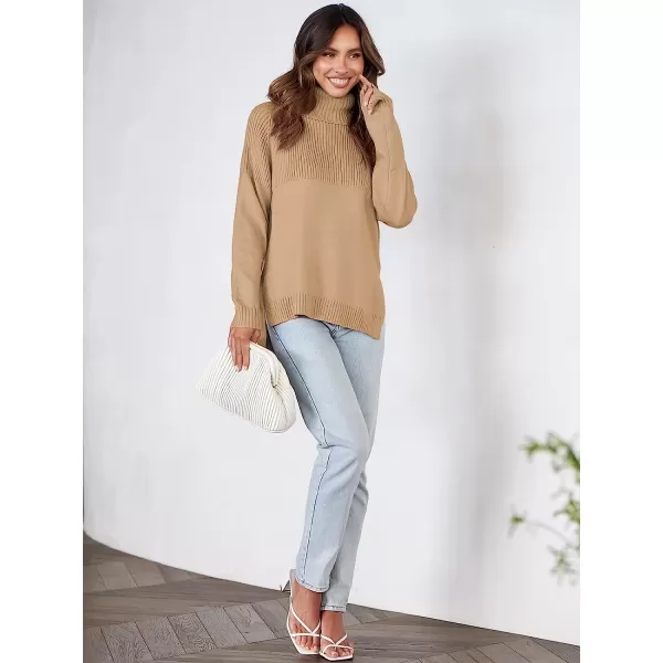 imageANRABESS Womens Turtleneck Oversized Long Sleeve Casual Rib Knit Slit Hem Pullover Sweater TopsKhaki