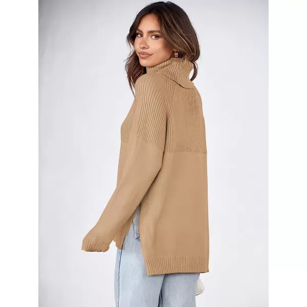 imageANRABESS Womens Turtleneck Oversized Long Sleeve Casual Rib Knit Slit Hem Pullover Sweater TopsKhaki