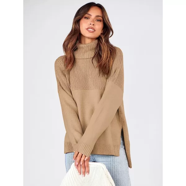 imageANRABESS Womens Turtleneck Oversized Long Sleeve Casual Rib Knit Slit Hem Pullover Sweater TopsKhaki