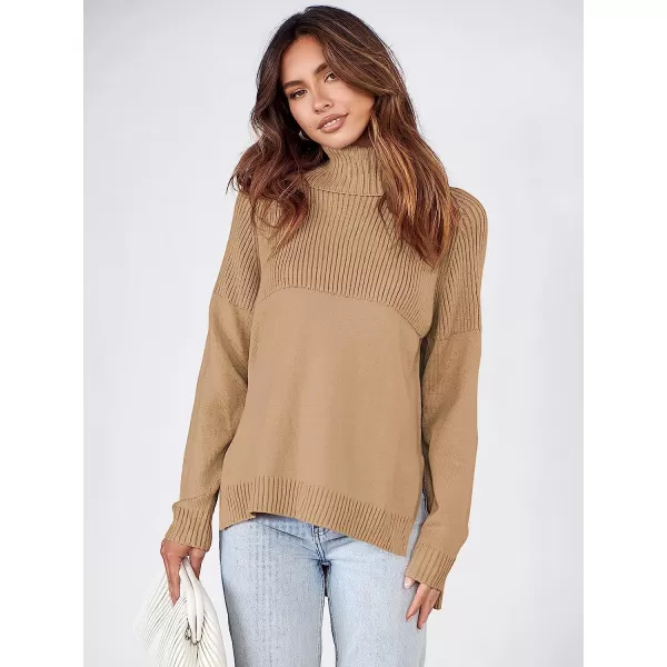 imageANRABESS Womens Turtleneck Oversized Long Sleeve Casual Rib Knit Slit Hem Pullover Sweater TopsKhaki