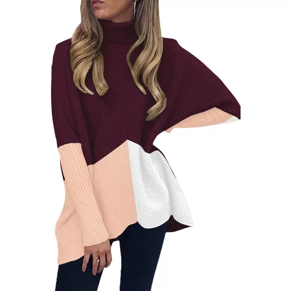 imageANRABESS Womens Turtleneck Oversized Sweater 2023 Long Batwing Sleeve Asymmetric Hem Casual Knit Pullover Tunic SweaterZcolorblock