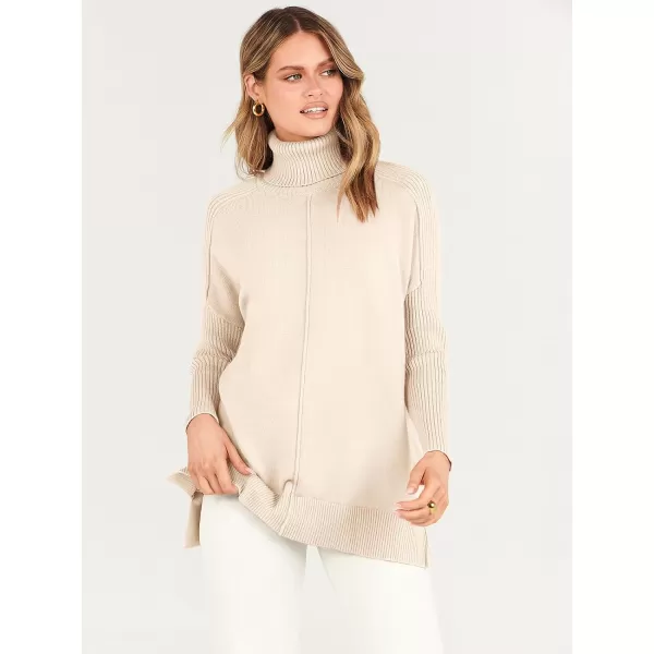 imageANRABESS Womens Turtleneck Oversized Sweaters 2023 Fall Long Sleeve Knit Split Hem Tunic Pullover TopsApricot