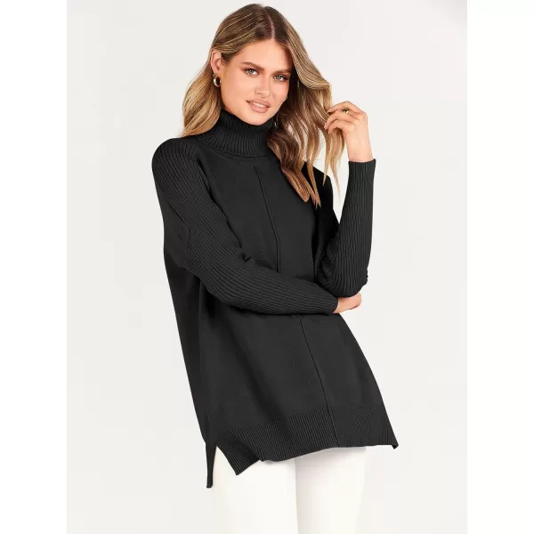 imageANRABESS Womens Turtleneck Oversized Sweaters 2023 Fall Long Sleeve Knit Split Hem Tunic Pullover TopsBlack