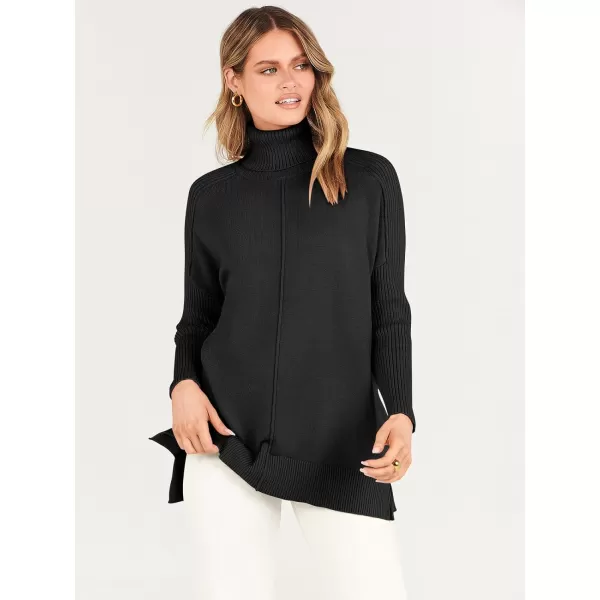 imageANRABESS Womens Turtleneck Oversized Sweaters 2023 Fall Long Sleeve Knit Split Hem Tunic Pullover TopsBlack